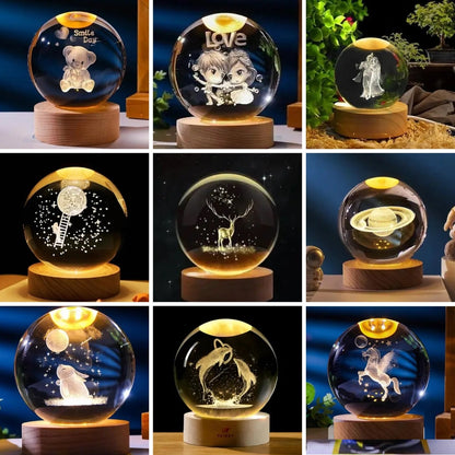3D Crystal Ball Night lamp | USB Cable with Wooden Base | 🛍️ 9 Attractive Designs – One for Every Mood!